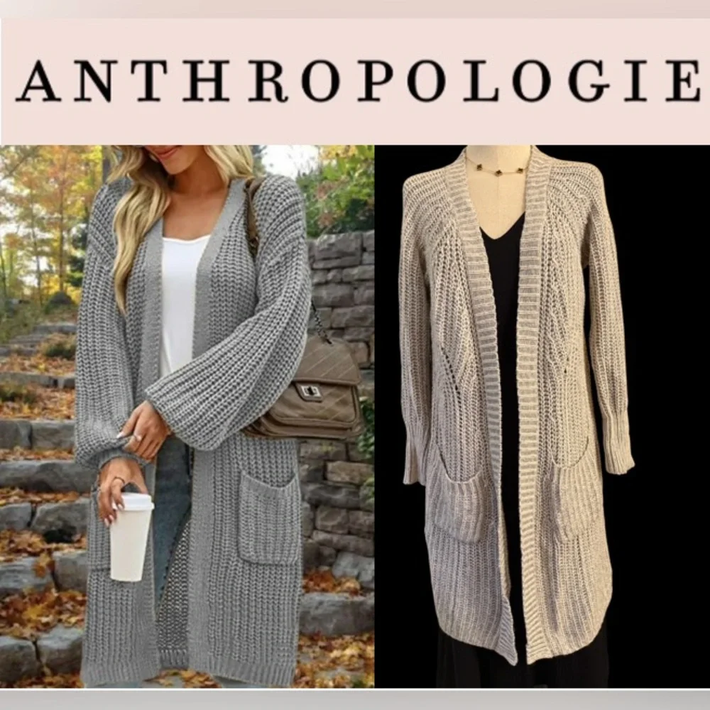 Anthro Moth Grey Open Front Chunky Knit Long Cardigan Cotton/Cashmere Blend SzS - Picture 2 of 15